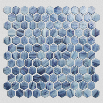 HEXAGON Shape Glass Art Round Edge Blues Mosaico