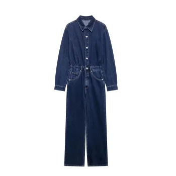 2024 Autumn New Women's Lapel Long Sleeve Denim Jumpsuit with Patch Pockets and Wide Leg