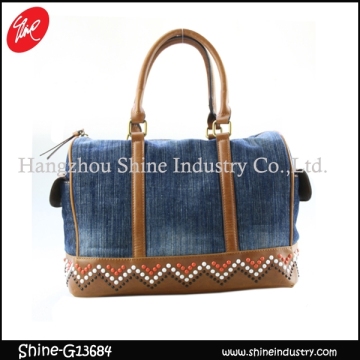 top demin handbag/beauty studded ladies bag/fashion duffel bag