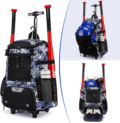 Factory Direct Wheeled Baseball Equipment Backpack with Shoe Compartment and Fence Hook