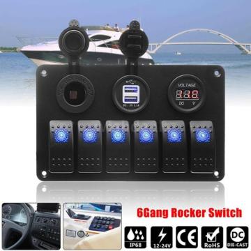 6 Gang ON-OFF Toggle Rocker Switch Control Panel with Digital Voltmeter Display 2 USB Charger 12V for Car Marine Boat Waterproof