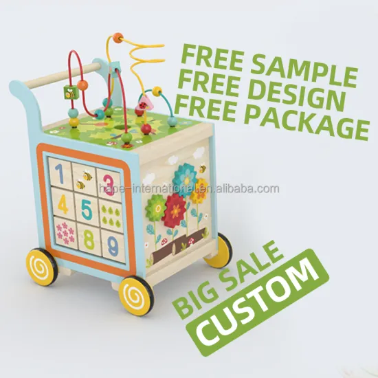 Multi-functional Baby Walker: Wooden Activity Cube with Toy, Shape Sorter, Learning Bead Maze & Busy Push Cart