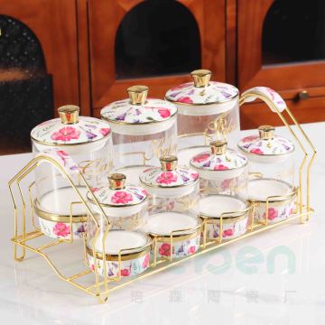 Luxury Flower Pattern Glass Jar Set with Gold Shelf - 7-Piece Storage Container Set