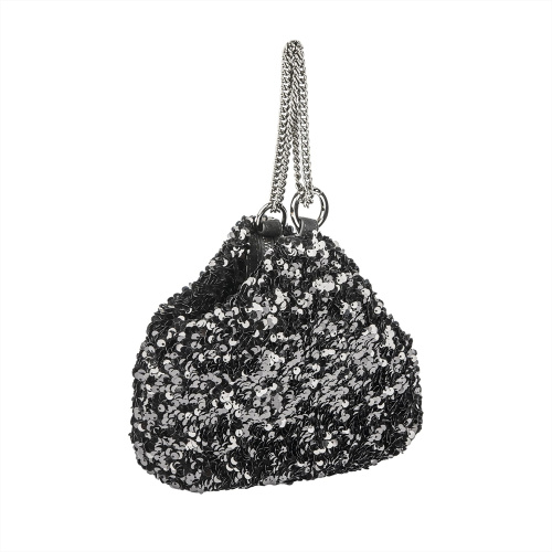 Sequined Chain Decorated Leather Handbag