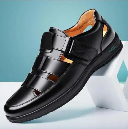 Popular Summer Men's Leather Sandals with Soft Sole and Breathable Hollow Design