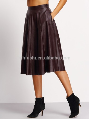 2016 fall winter high quality flowy tiered A-line women leather skirt