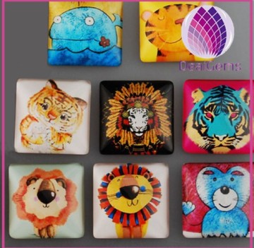 New fashion flat 6.5*25mm square lucency clear glass cabochon with cute cartoon animal picture