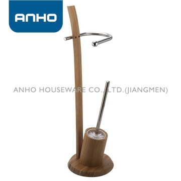 ANHO simple style bamboo stand on floor round toilet brush and roll holder