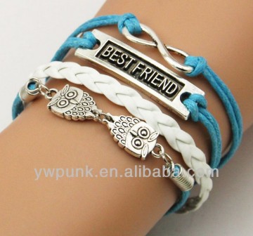 Supply DIY fashion handmade lots thwartwise owls infinite 8 sign bracelets braided China celebrity white and blue jewelry