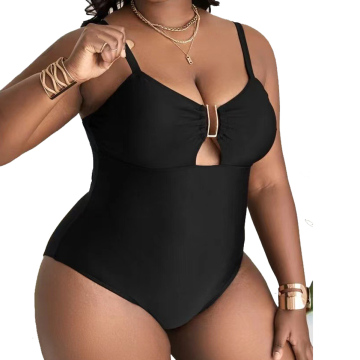 2024 Stylish Solid Color Bikini: Deep V Neck, Sexy Hollow Design, Large Size One-Piece Swimsuit for Women
