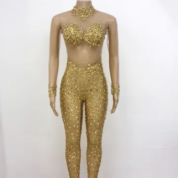 Luxury Golden Jumpsuits with Sequins and Diamonds for Women