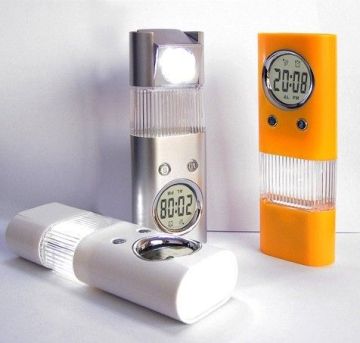 Silk Print Bright Light Led Torch With Clock, Alarm, Night Light And Rotatable Lamp Holder