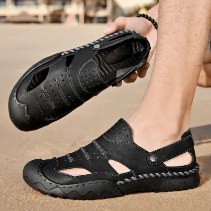 OEM Custom LOGO Genuine Leather Closed Toe Sandals for Men