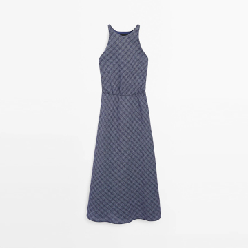 Women's vacation style backless plaid hanging neck long sleeveless dress