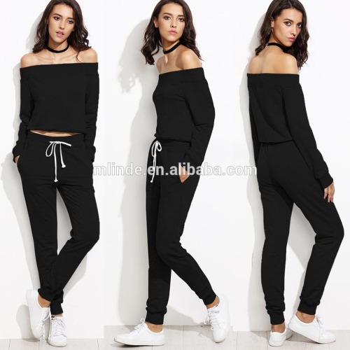 Matching Tops And Pants, Black Off The Shoulder Top Sweatshirt And Drawstring Jogger Pants Tracksuits Slim For Women