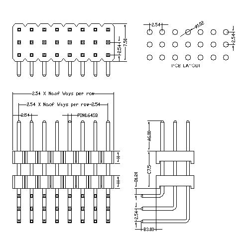 2.54 mm Pin Header Three Row Double Plastic Angle Type PHER10-XXT