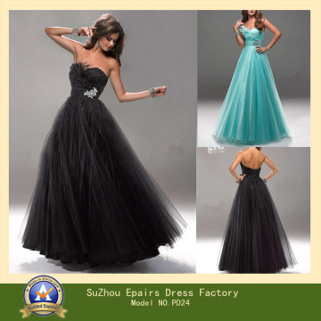 Graceful Ballgown Beaded Crystal and Dainty Feather Embellishments Black Prom Dress (PD24)