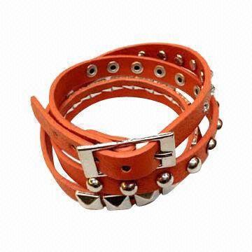 Leather Bracelet with Rectangle Buckle and Various Studs
