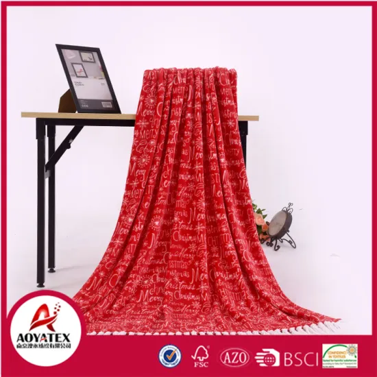 100% polyester printed flannel fleece Chenille tassel blanket