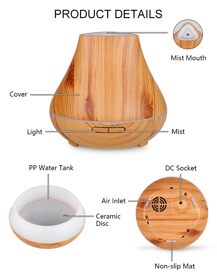 400ml Ultrasonic Wood Grain Wifi Volcanic Crater Aroma Essential Oil Diffuser 17