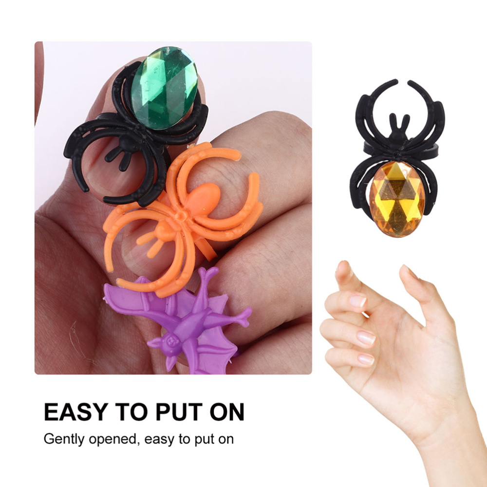 60 Pcs Plastic Finger Ring Halloween DIY Decorations Bat Spider Patterned Ring Decorations Halloween Party Props Mix