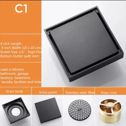 Square Copper Floor Drain with Black-Painted Removable Tile Insert Grate
