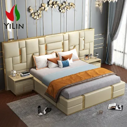 Yilin Furniture Luxury Modern Leather Double Bed Comforter Sets Royal Bedroom Solution