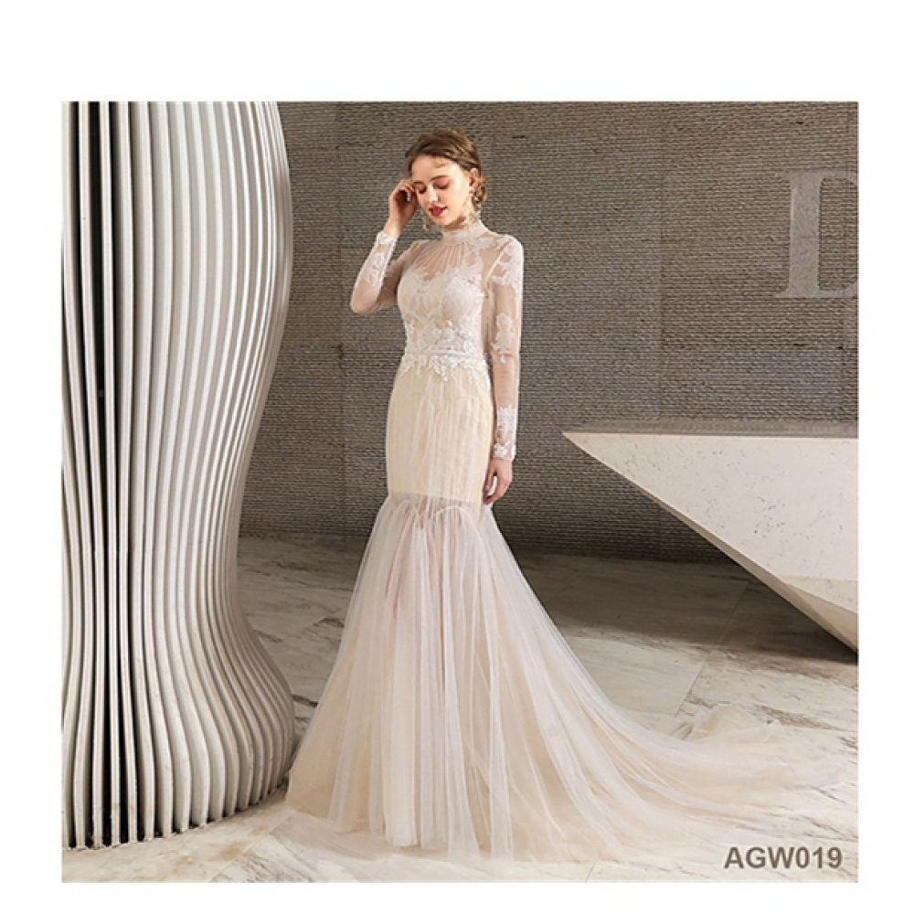 Fashion Long Sleeve Hijab Lace Appliqued Islamic white long wedding dress bridal muslim for muslim women