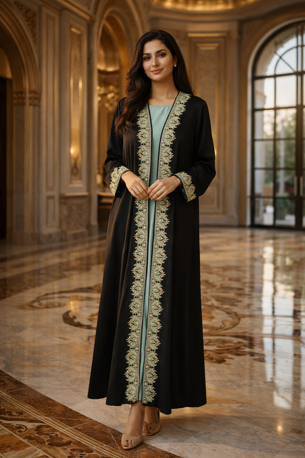 black green beaded abaya black green set full front