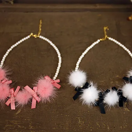 Cute Candy Color Pom Pom Pearl Ribbon Knot Necklace For kids