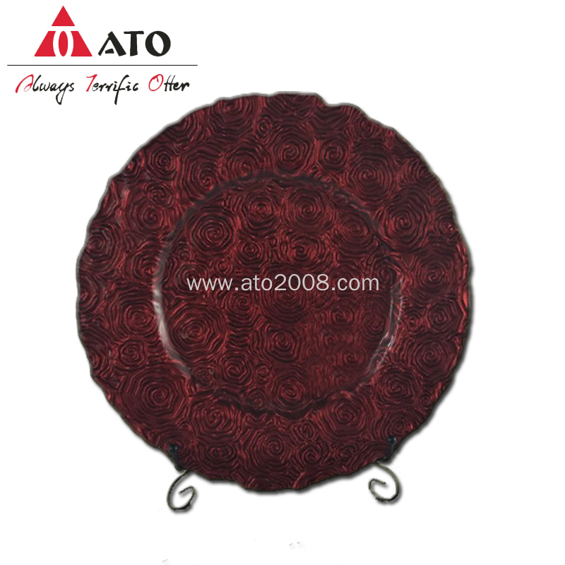 Red Glass Plate With Rose Pattern