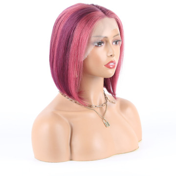 Cheap Color Lace Wig For Women, Purple Pink Brazilian Human Hair, Cuticle Aligned Glueless Transparent T Shape Lace Bob Wig