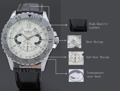 multi function winner watch with leather band