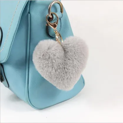 Fluffy Fur Pompom Keychain Soft Solid Color Heart Shape Pompom Faux Rabbit Fur Ball Car Handbag Key Ring Gift Accessories