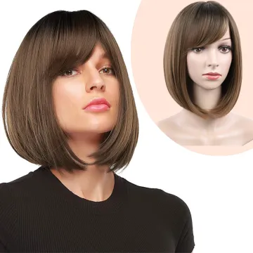 Anogol Cheap colorful  Synthetic hair Bob Wigs With Bangs  copper Brown   silk straight synthetic hair  wigs