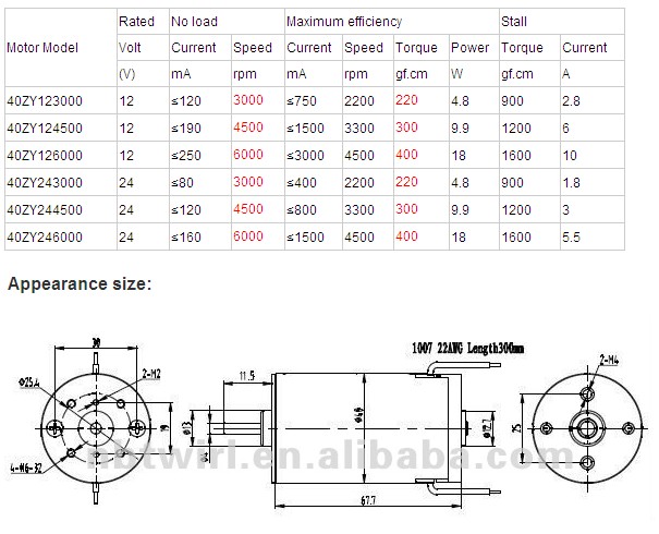 Zy40 12V/24V DC Motor Dia40mm