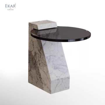 Elegant White Natural Stone Base Grey Tempered Glass Side Table