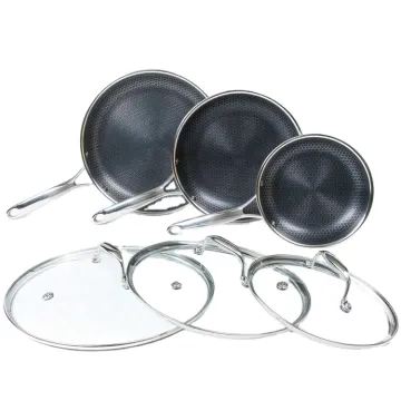 Honeycomb Coatings Frypan Set - 6Pcs Stainless Steel Skillets for Induction Cooktops and Microwave