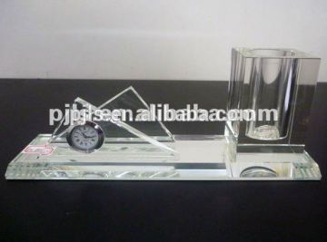 crystal pen holder with clock desk top set