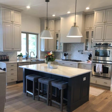 Luxury Marble Kitchen Counter with Wooden Island and Custom Cabinets