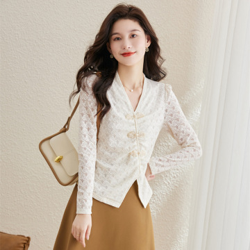 V-neck temperament lace chiffon long sleeves