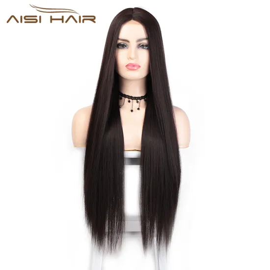 Aisi Hair Cheap 26 Inch Brown Wig Long Straight Silky Lace Frontal Wig Middle Part Synthetic Front Lace Hair Wigs For Women