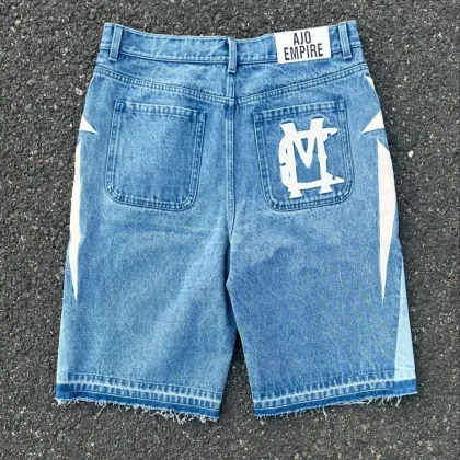 Custom Distressed Embroidery Patches Raw Hem Denim Shorts - Trendy Streetwear Jorts for Men