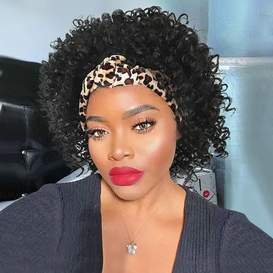 Wholesale Synthetic Kinky Curly Headband Wigs for Black Women Natural Looking Heat Resistant Wigs with Leopard Headband Attached
