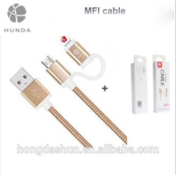 2 in 1 MFI cable 1.2m usb to lighting cable braided quality fast charge cable gold silver pink grey