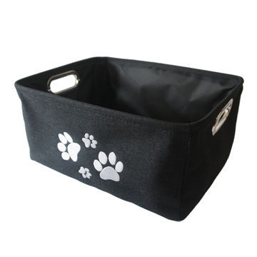 Jute storage basket with embroidered paws, for pet stuff