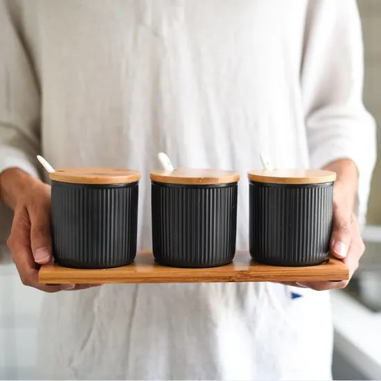 Ceramic Seasoning Pot Salt Sugar Spice Pepper Storage Jar with Bamboo Cover Lid Tray 3 Condiment Pots with Spoons