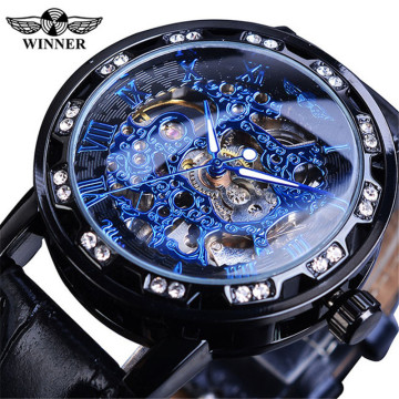 Classic Rhinestone Roman Analog Skeleton Mechanical Watch with Leather Band and Luminous Hands