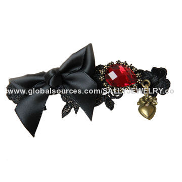 Bowknot barrette with alloy accessories, ribbon and resin diamond, antique bronze plating