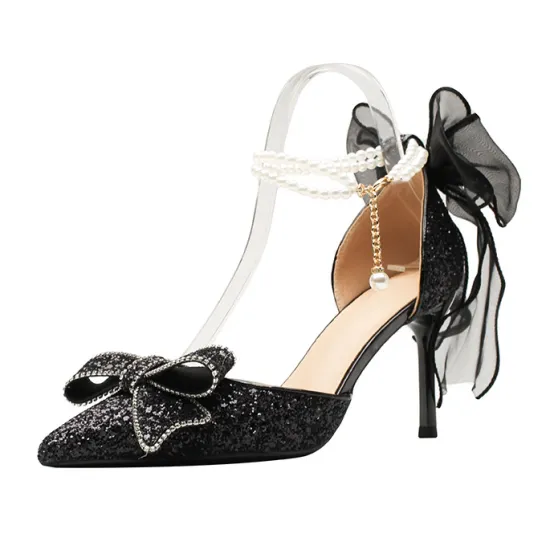 Black Bow Glitter Banquet High Heels for Women